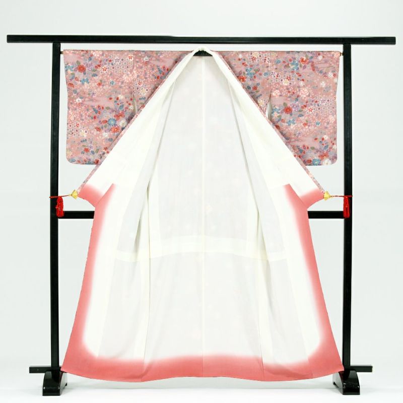 中古）小紋 ピンク地 花柄 絞り 袷 S【身丈】157.5cm【裄丈】66.5cm
