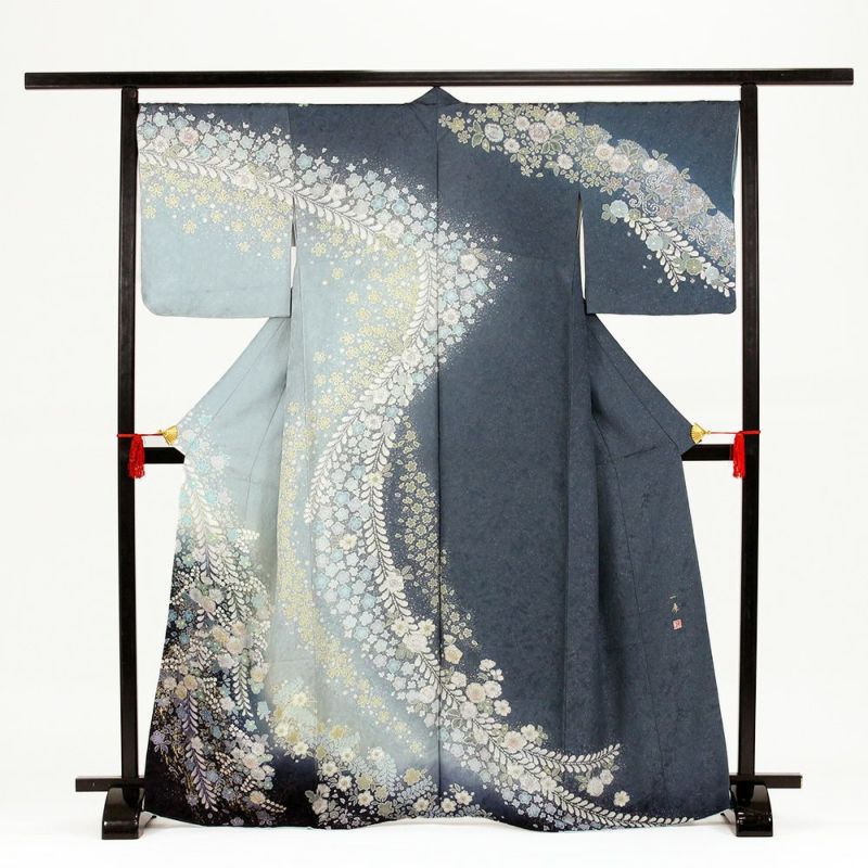 中古)訪問着【身丈】162cm 【裄丈】68cm 青地 一廉辻が花 共八掛 水色 ...