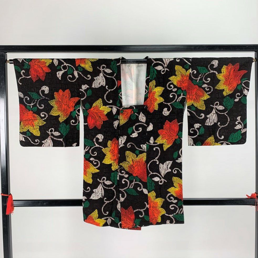 道行 身丈95.5cm 裄丈63cm S 和装コート 角衿 草花 鳥 紫 正絹 