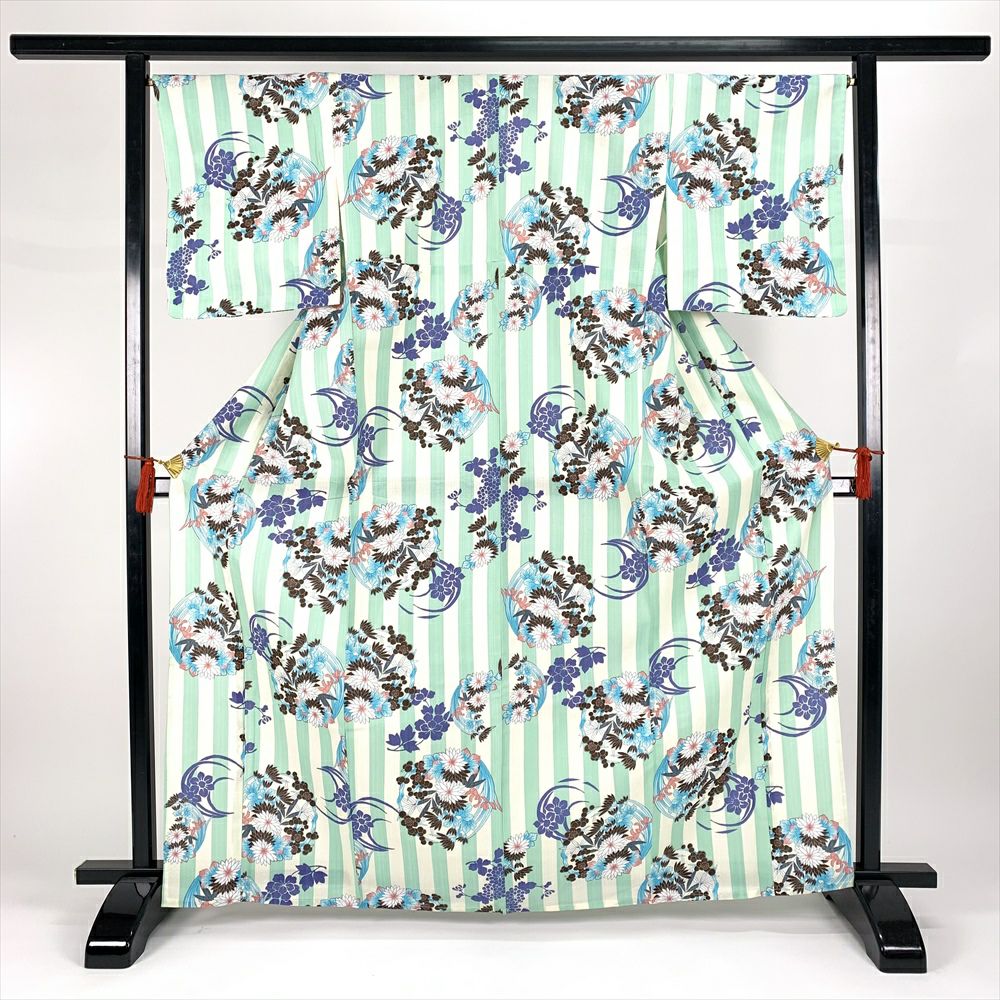中古)紬 緑 カジュアル 絣 花菱 袷 S【身丈】157.5cm【裄丈】67cm 中古)紬 緑 カジュアル 絣 花菱 袷 S【身丈】157.5cm【裄丈】67cm