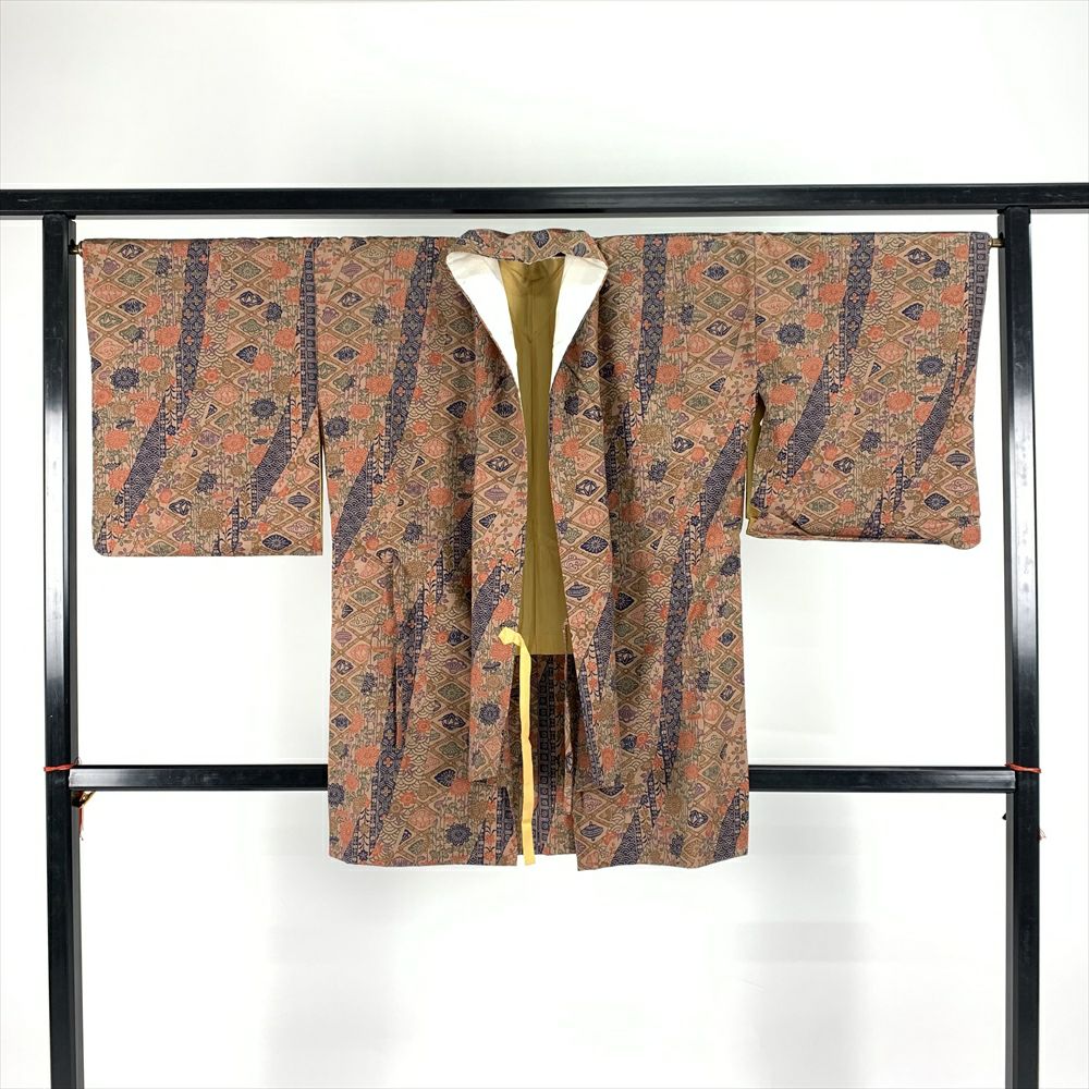 道中着 身丈100cm 裄丈67cm M 和装コート 葉と実 黒灰 正絹 美品 名品  