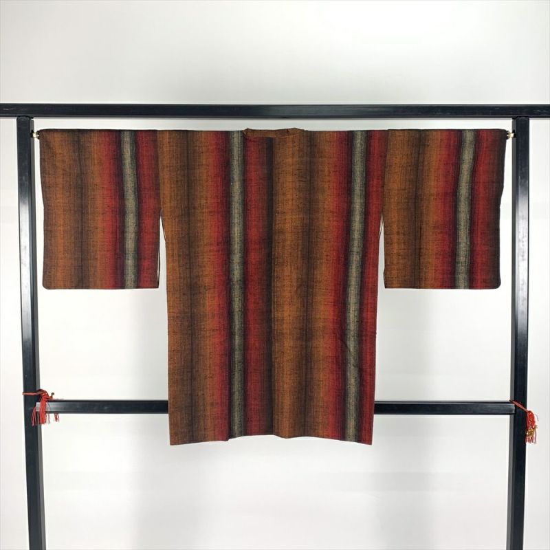 中古）道行コート 茶 袷 紬地 縦縞 未洗い【身丈】85.5cm【裄丈