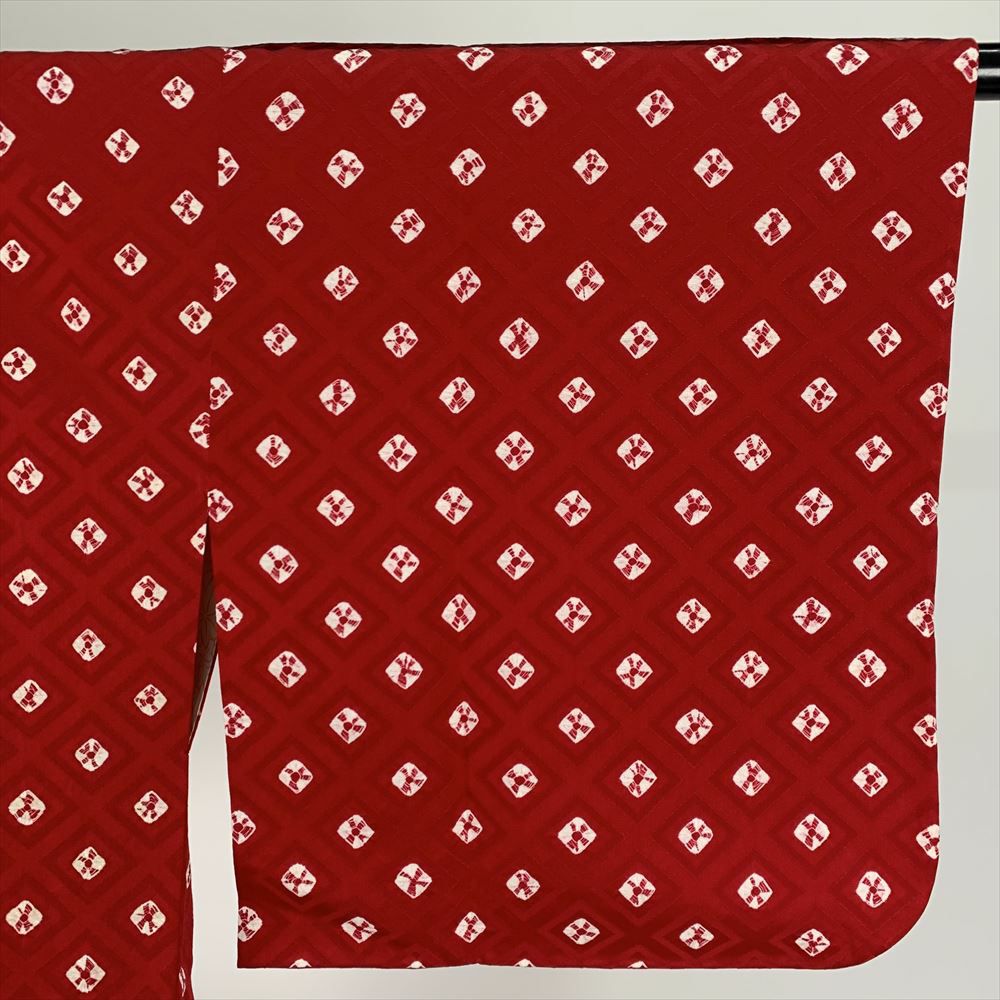 中古）道行コート 赤 袷 総柄 菱模様【身丈】83.5cm【裄丈】68.5cm 