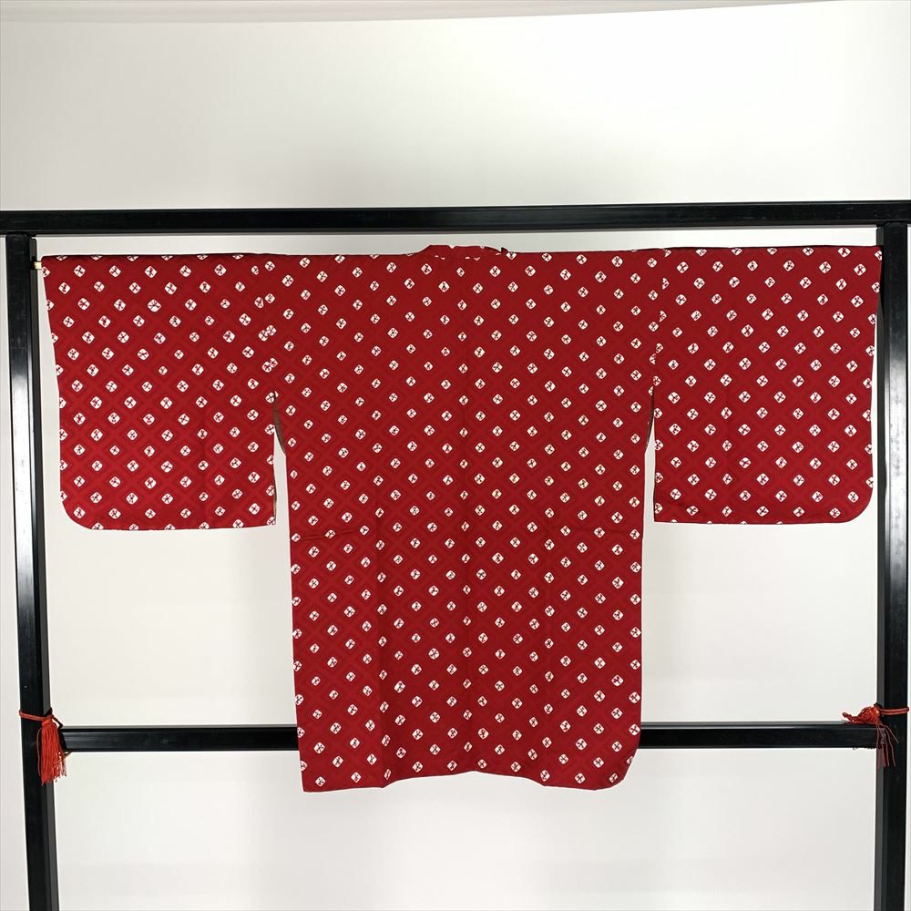中古）道行コート 赤 袷 総柄 菱模様【身丈】83.5cm【裄丈】68.5cm