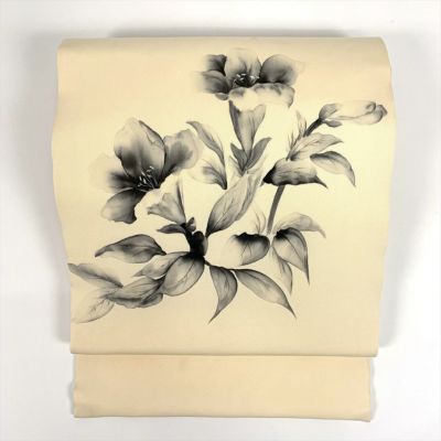 中古）名古屋帯(八寸) 白 紬地 カジュアル 植物 花 モノトーン