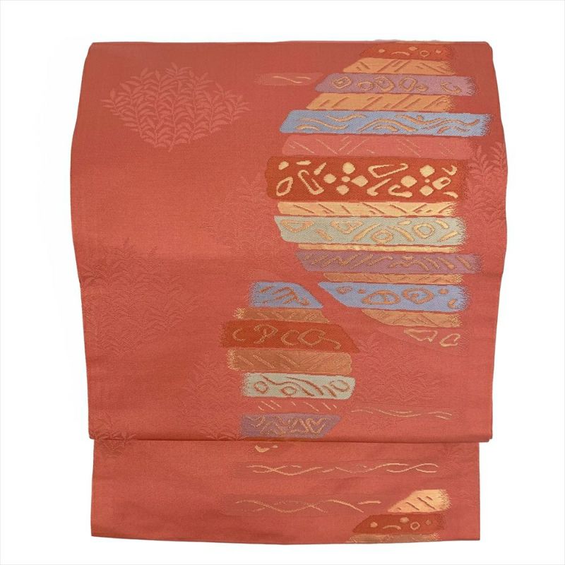 アンティーク名古屋帯　サギ・カラス　燻んだピンク　正絹　全通　地紋　No.31 アンティーク名古屋帯サギ・カラス燻んだピンク正絹全通地紋No.31