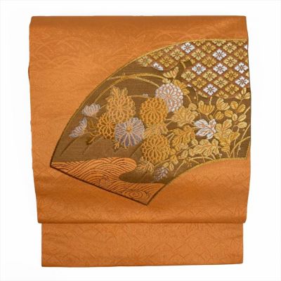 中古）九寸名古屋帯 オレンジ地 名古屋立て 金糸 花丸 蝶