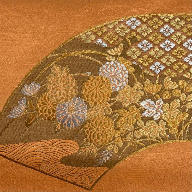 中古）九寸名古屋帯 オレンジ地 名古屋仕立て 金銀糸 扇面 菊