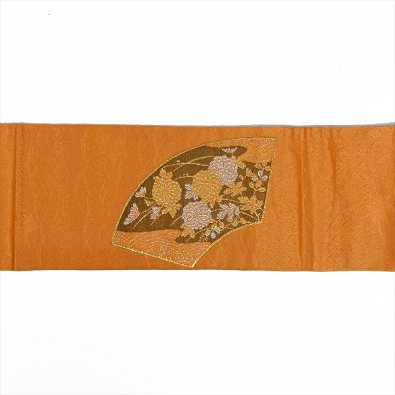 中古）九寸名古屋帯 オレンジ地 名古屋仕立て 金銀糸 扇面 菊