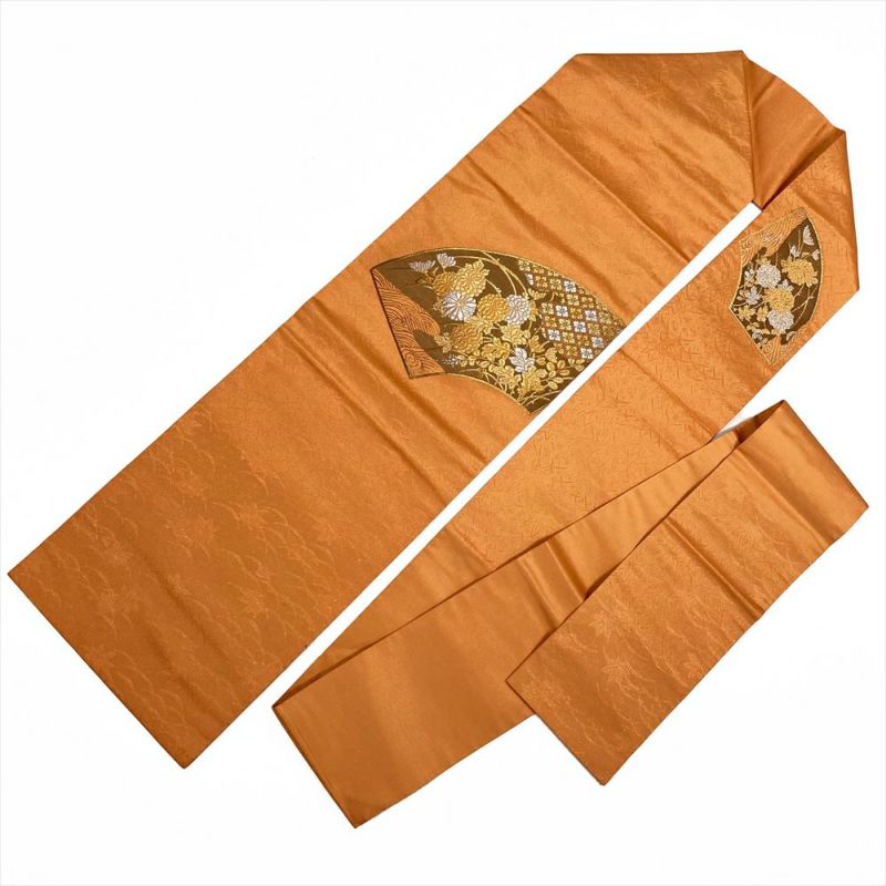 中古）九寸名古屋帯 オレンジ地 名古屋仕立て 金銀糸 扇面 菊