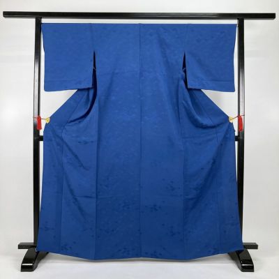 中古）単衣色無地 青 セミフォーマル 地紋織り 青海波 ひとえ M