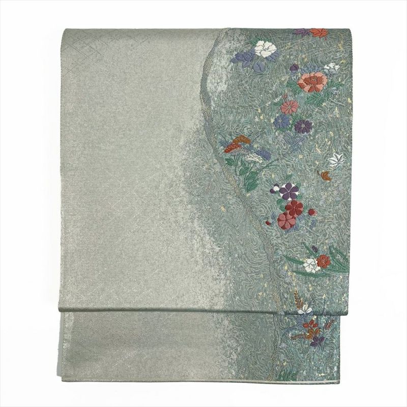 中古）袋帯 銀 グレー地 フォーマル 金銀糸 青銅箔 道長取り 四季花