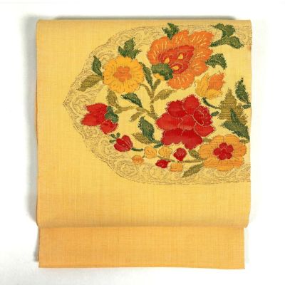 超豪華日本刺繍☆塩瀬の名古屋帯 サーモンピンク薄オレンジ系 名古屋帯 塩瀬 京友禅 刺繍 金彩箔 カジュアル 九寸名古屋帯 御仕立