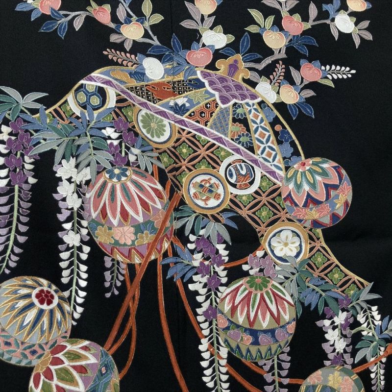 中古）黒留袖 黒 フォーマル 五つ紋 比翼 刺繍 傘 鞠 藤 橘 袷 S