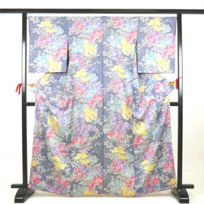 中古）振袖 水色 たたき染め 睡蓮 秋山庄太郎 袷 M【身丈】161.5