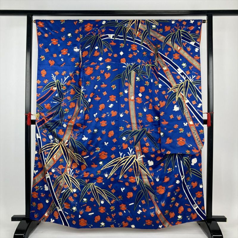 中古)振袖 青 フォーマル 金彩 金駒刺繍 竹 笹 疋田 宝尽くし 中古)振袖 青 フォーマル 金彩 金駒刺繍 竹 笹 疋田 宝尽くし