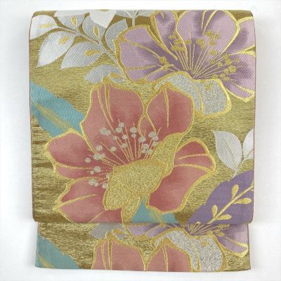 中古）振袖用袋帯 金 フォーマル 六通 金糸 桜 流水 シルエット