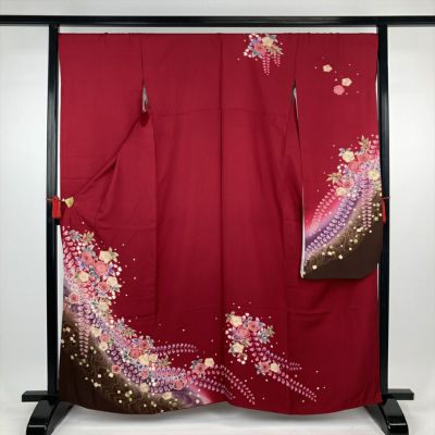 中古）振袖◎ 赤 裾クリーム 花 フォーマル 袷【身丈】157cm【裄丈】65cm