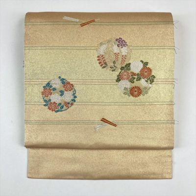 中古）九寸名古屋帯 オレンジ地 名古屋仕立て 金銀糸 扇面 菊