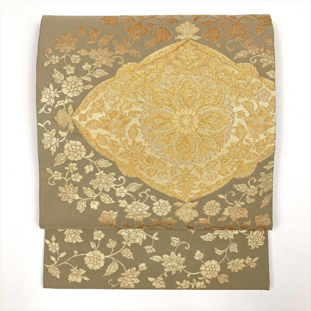 中古）袋帯 金 セミフォーマル 六通 ふくれ織り 唐花 絹