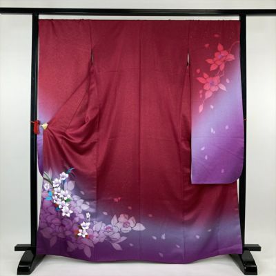中古）振袖 紫地 金彩 雪輪 花柄 金通し フォーマル 袷 M【身丈