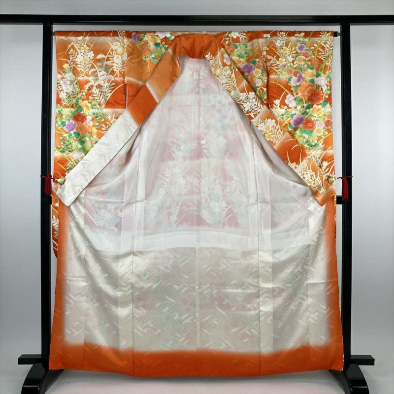 中古）振袖 オレンジ フォーマル 金駒刺繍 地紋織り ぼかし染め 牡丹