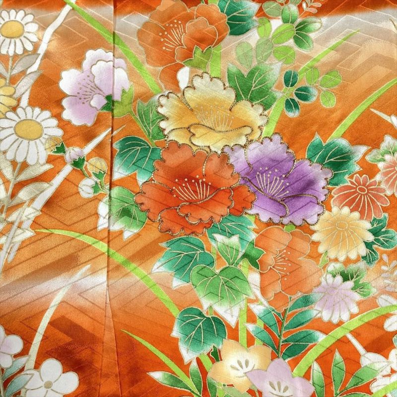 中古）振袖 オレンジ フォーマル 金駒刺繍 地紋織り ぼかし染め 牡丹