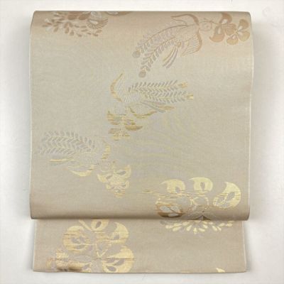 中古）袋帯 ベージュ セミフォーマル カジュアル 全通 金糸 紹巴 花