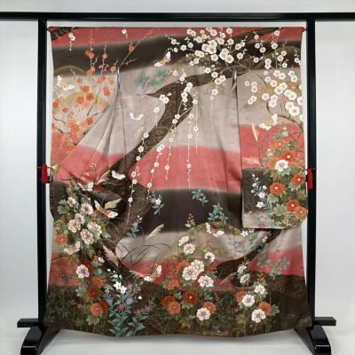 中古）振袖 紫地 金彩 雪輪 花柄 金通し フォーマル 袷 M【身丈