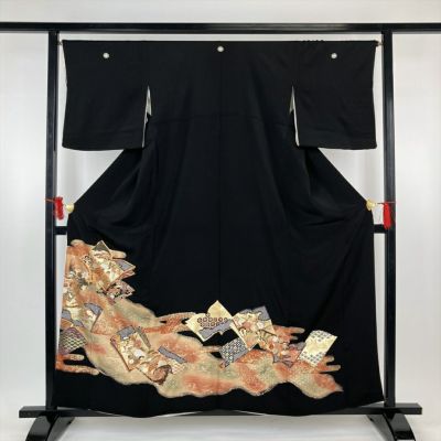 中古）黒留袖 黒 フォーマル 五つ紋 ちりめん 金駒刺繍 金彩 鳥