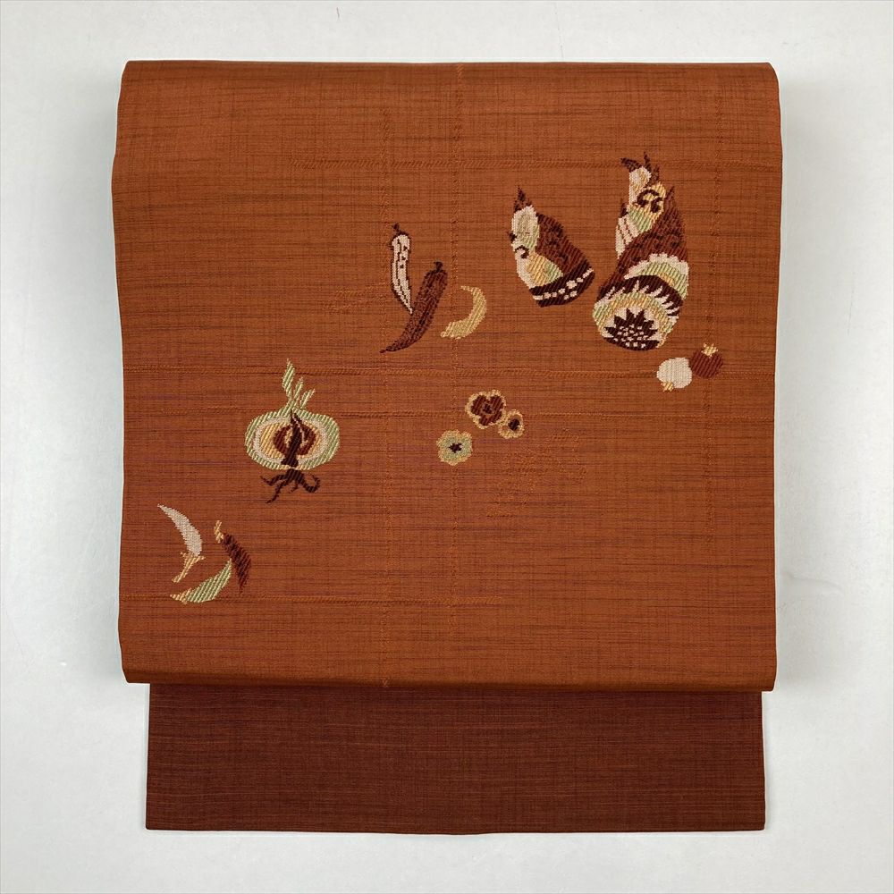 中古）九寸名古屋帯 黒 緞子 刺繍 御所人形 子供 童 「名月」 「花影