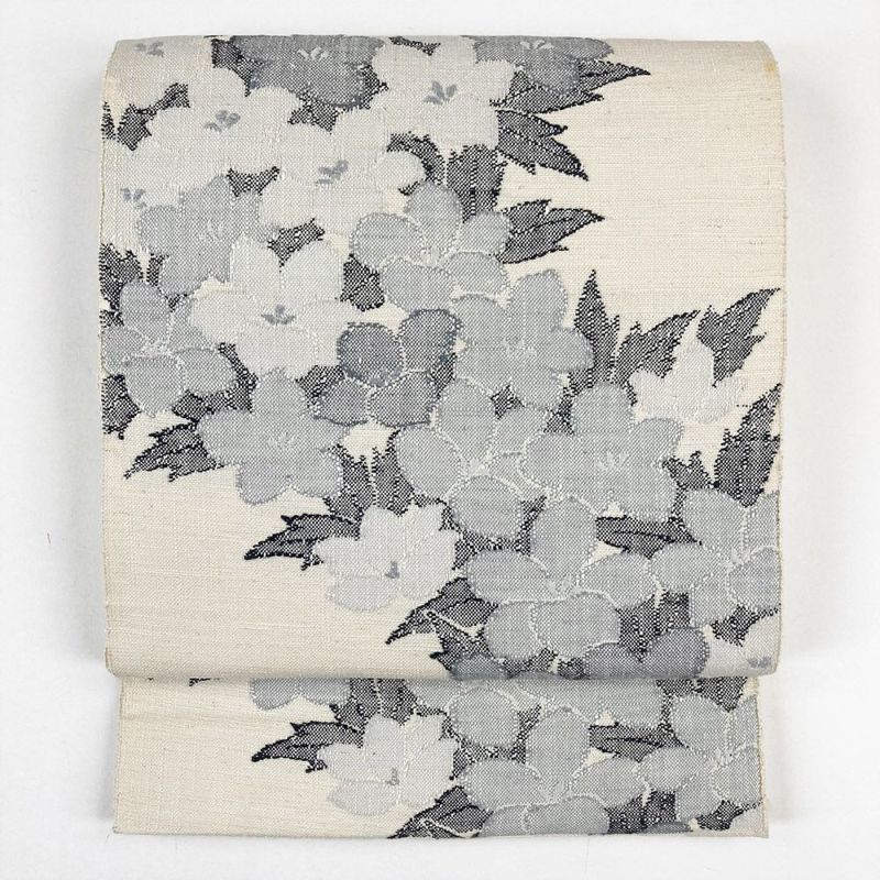 中古）名古屋帯(八寸) 白 紬地 カジュアル 植物 花 モノトーン