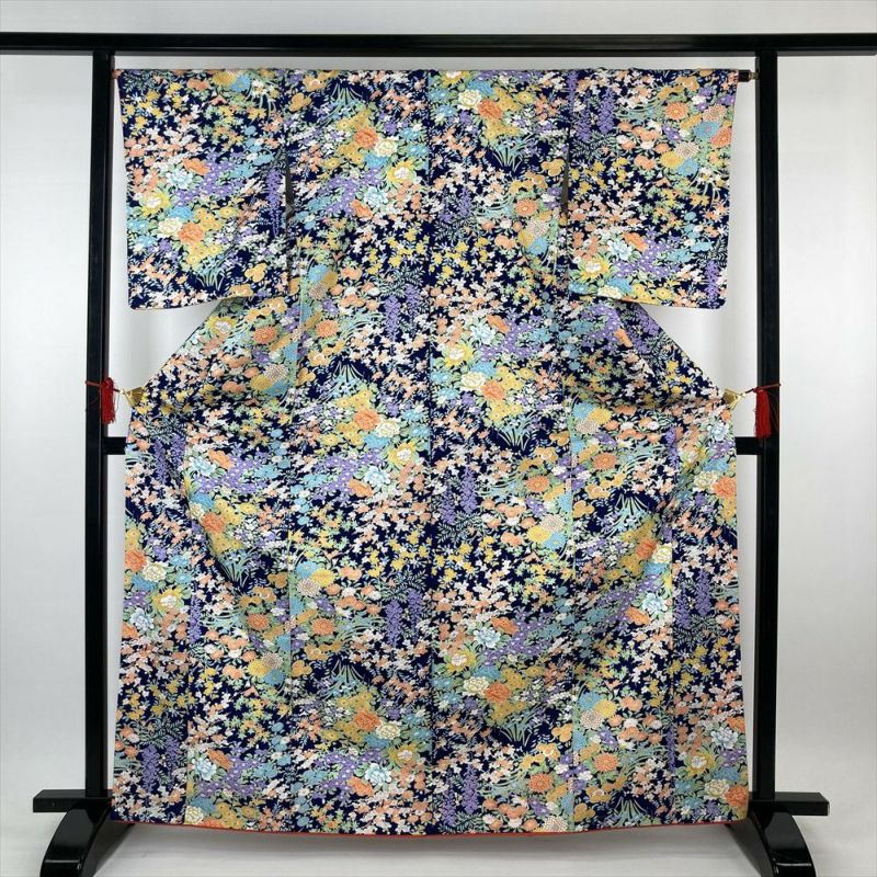 中古）小紋 紺 ポリエステル 洗える 牡丹 菊 梅 紅葉 椿 菖蒲 袷 M