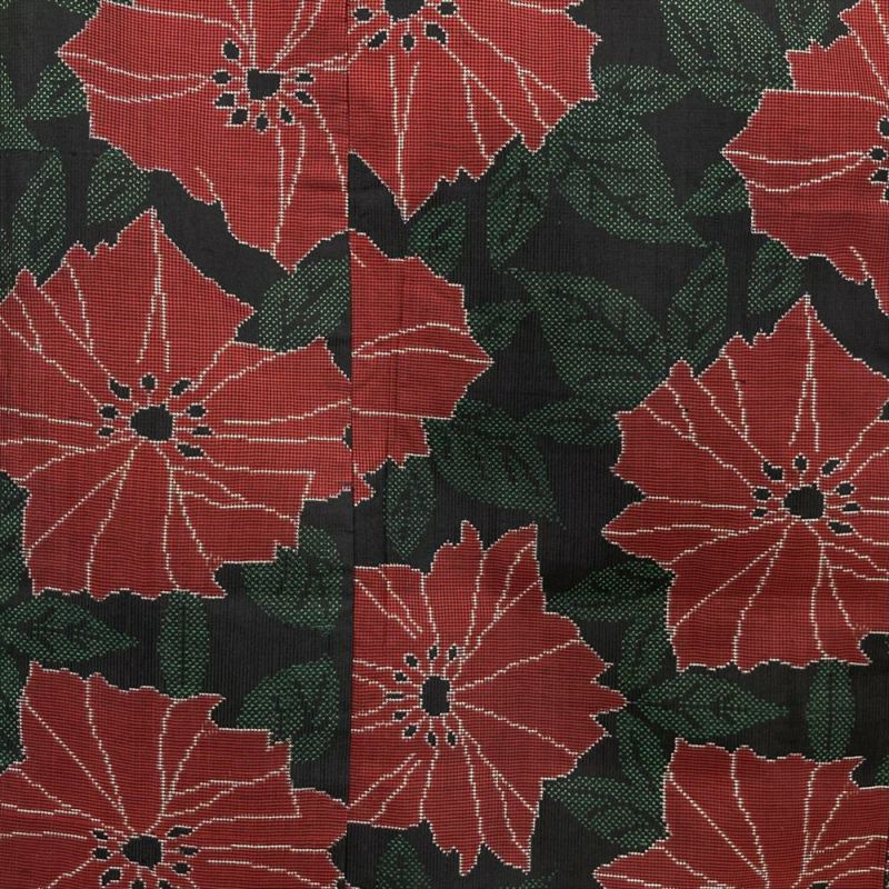 中古）大島紬 黒 カジュアル 植物 赤花 葉 袷 SS【身丈】154cm 【裄丈