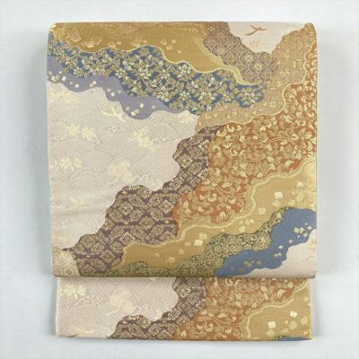 中古）袋帯 生成り フォーマル 六通 切箔 金糸 道長取り 名物裂 吉祥文