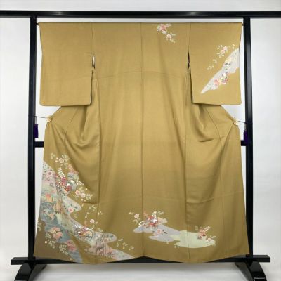 中古）京袋帯 茶 カジュアル 全通 織り よろけ縞 絹