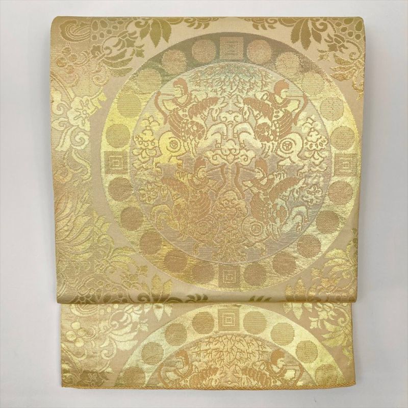中古）袋帯 金 生成り フォーマル 切箔 連珠文 オリエンタル