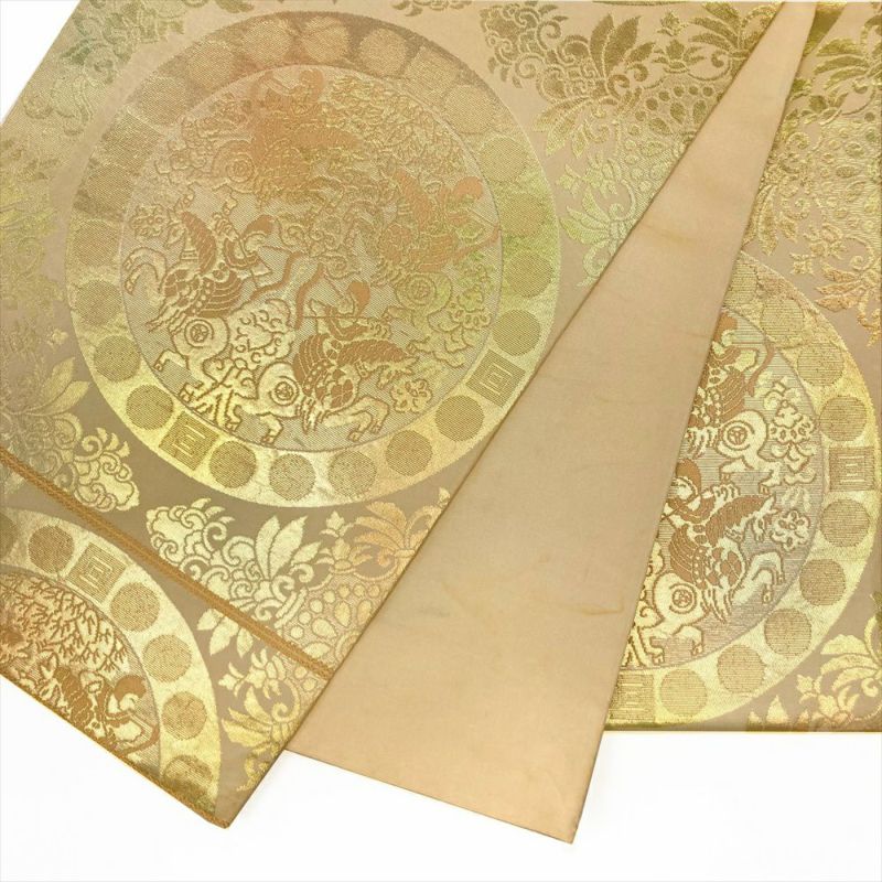 中古）袋帯 金 生成り フォーマル 切箔 連珠文 オリエンタル