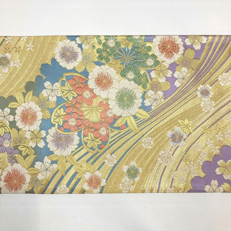 中古）振袖用袋帯 金 フォーマル 六通 金糸 桜 流水 シルエット