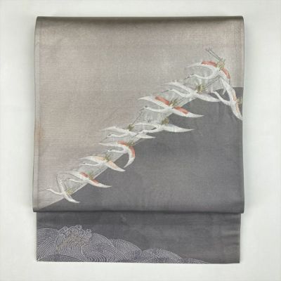 中古）袋帯 グレー フォーマル 金糸 唐織菱 唐花 パステルカラー