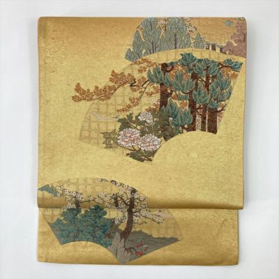 (中古)袋帯 金 フォーマル 六通 切箔 色糸 扇面に四季の草花 琳派調