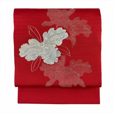 【新品未使用】超美品 名古屋帯 夏帯 花柄 ボルドー 透け感 織り 正絹 新品未使用】超美品 名古屋帯 夏帯 花柄 ボルドー 透け感 織り