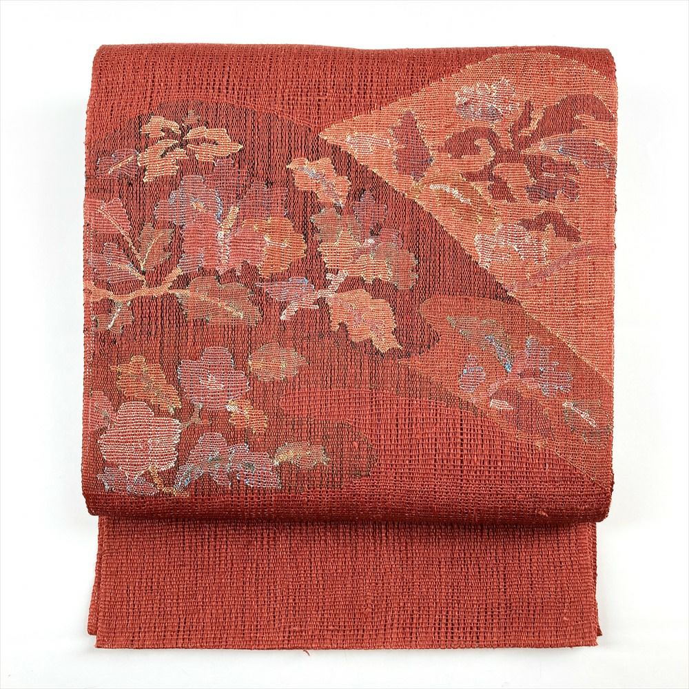 夏帯 名古屋帯 羅 赤い花柄模様 海老色 O-3780（振袖 身丈165cm 裄丈  