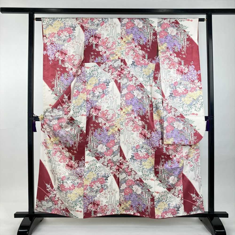 中古） 振袖 生成り 濃ピンク フォーマル 地紋織り 染め 小紋柄 花籠