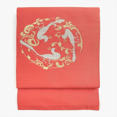 メル48073 2点 ⑱龍郷 アンティーク 大輪の花 九寸名古屋帯 九寸帯(名古屋帯)「ちりめん染帯・疋田桜・象牙色」 | MINOKO STORE