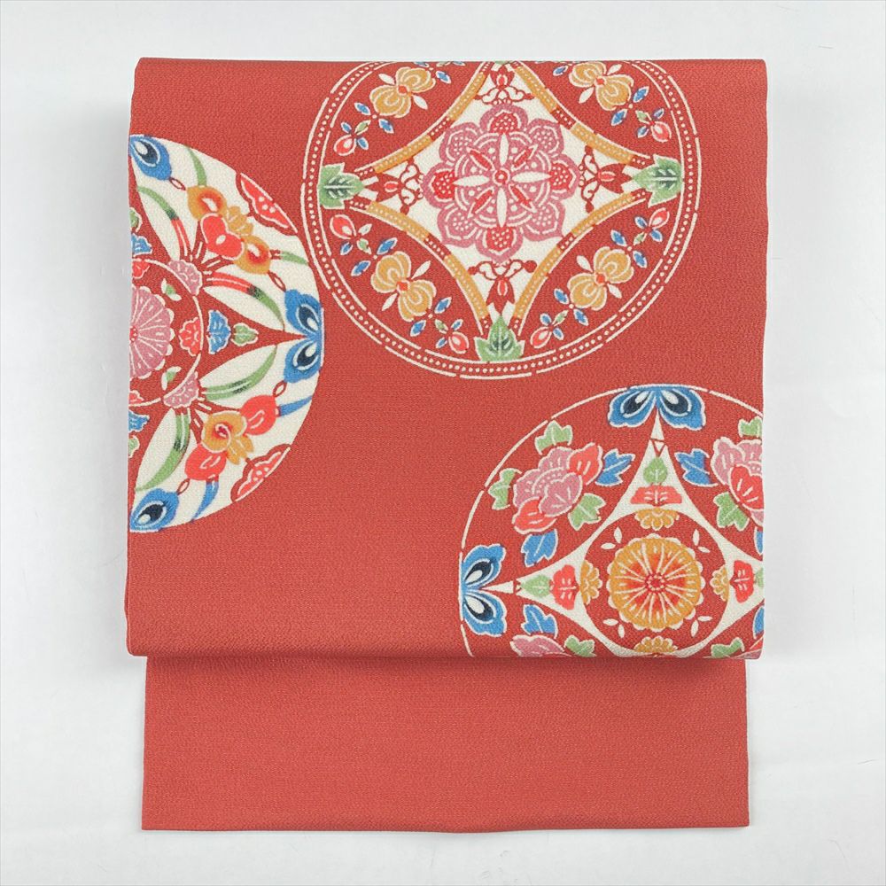 中古）名古屋帯 濃オレンジ セミフォーマル カジュアル 名古屋仕立て