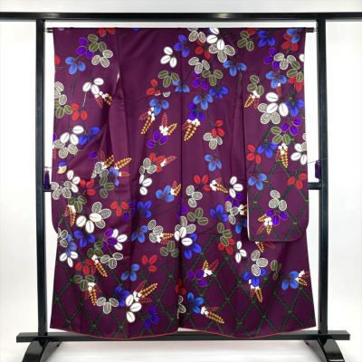 成人式振袖身丈160.5cm裄丈67cm雪輪 草花金糸金彩茶紫正絹美品セット中古 美品】 振袖 身丈160.5cm 裄丈70cm L 袷 手毬 桜 箔 金彩 黄色 正絹