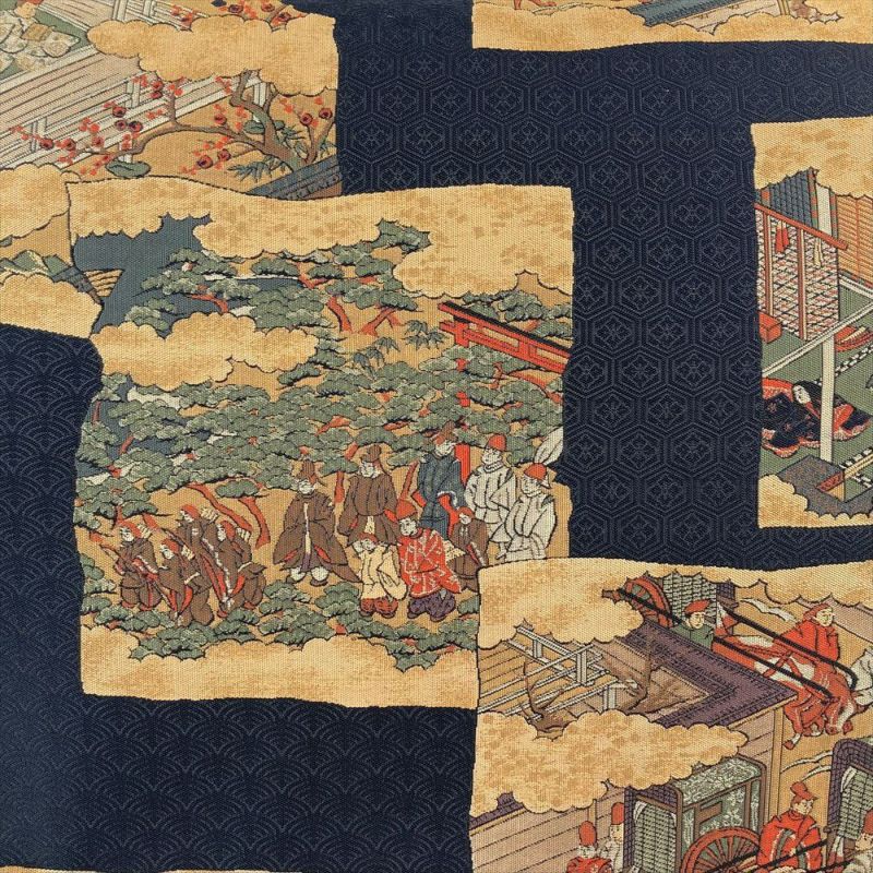中古）袋帯 濃紺色 カジュアル 六通 織り 破れ色紙 平安絵巻