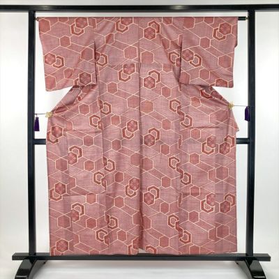 小紋　紬　縦縞　桐の花　花模様　亀甲　グリーン　くすみ　着物　023a d 小紋 紬 縦縞 桐の花 花模様 亀甲 グリーン くすみ 着物 023a d