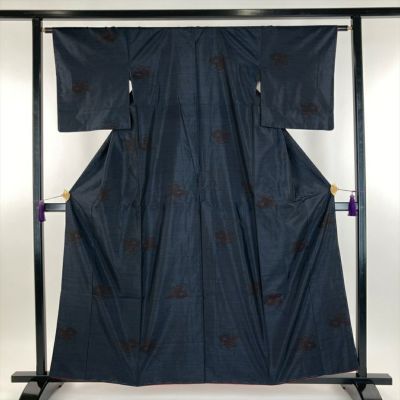 【袷】ネイビー×グレー　抽象柄　紬　165/67 ネイビー×グレー 抽象柄 紬 165/67